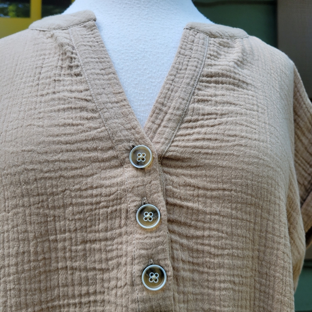 NWT Luxology Taupe Cotton Gauze Dress XL | Coastal Neutral V Neck Boho - Picture 8 of 13